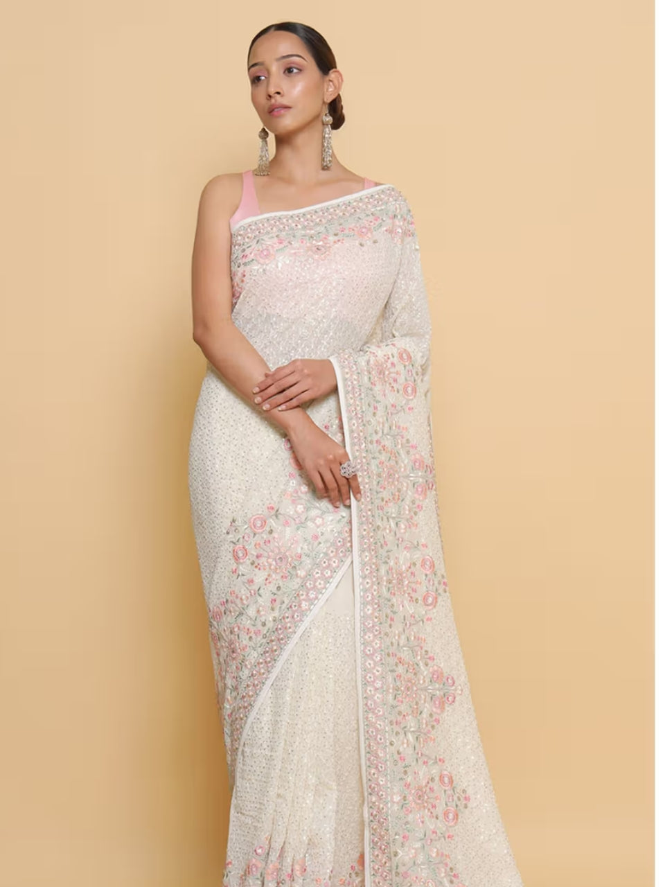 Cream Georgette Embroidered Saree