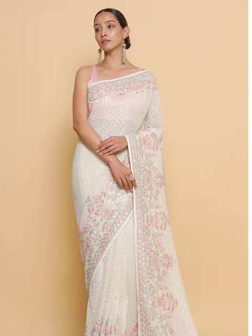 Cream Georgette Embroidered Saree