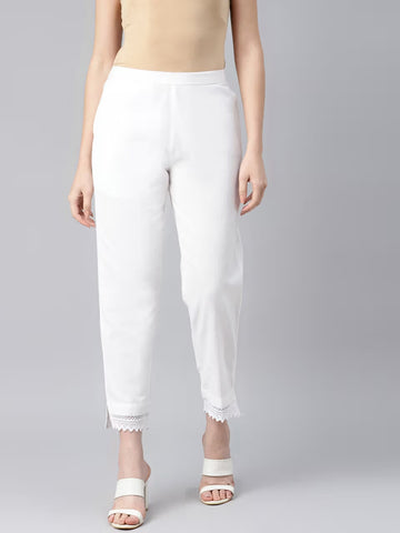 Womens Cotton Solid Straight Trouser Pant White