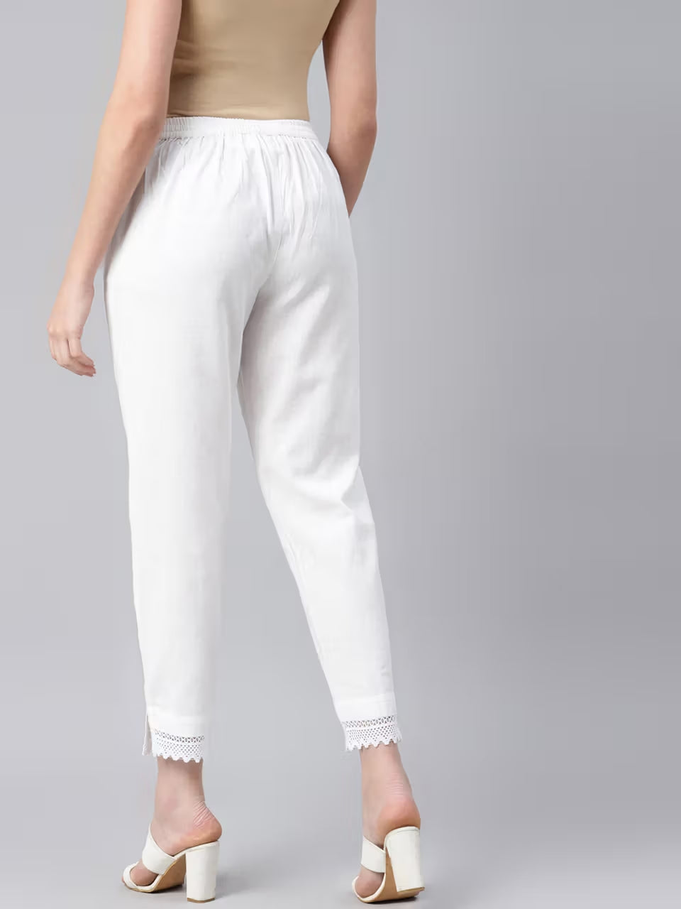 Womens Cotton Solid Straight Trouser Pant White